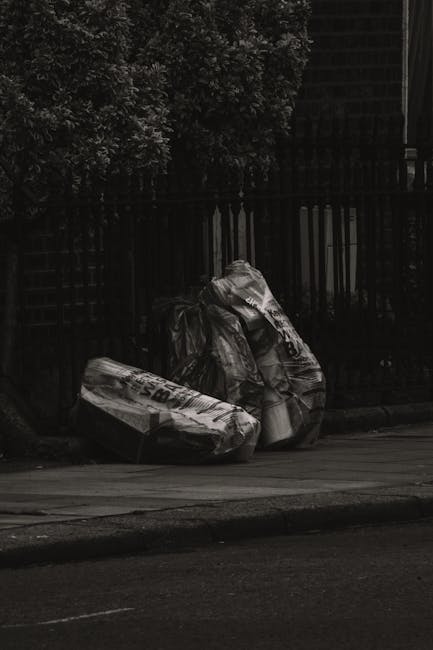 A group of large black trash bags filled with waste material are positioned on the pavement beside a black metal fence and a brick wall, with a tree providing some greenery in the background. The bags appear to be made of thick plastic and are somewhat crumpled and tied at the top, indicating they have been used for rubbish collection. The scene takes place outdoors, likely near a residential or urban area, with the bags situated close to the curb on a paved street. The lighting suggests an overcast day or shaded environment, resulting in a subdued, monochrome tone to the image. Waste collection services such as Waste Collection Pimlico may handle similar rubbish relocation or private waste removal tasks, where such bags are often used for on-site clearance or disposal outside dwellings or commercial premises. The overall setting reflects a typical scene of waste awaiting collection, with no visible vehicle or equipment present, focusing solely on the temporarily stored rubbish bags positioned along the roadside.